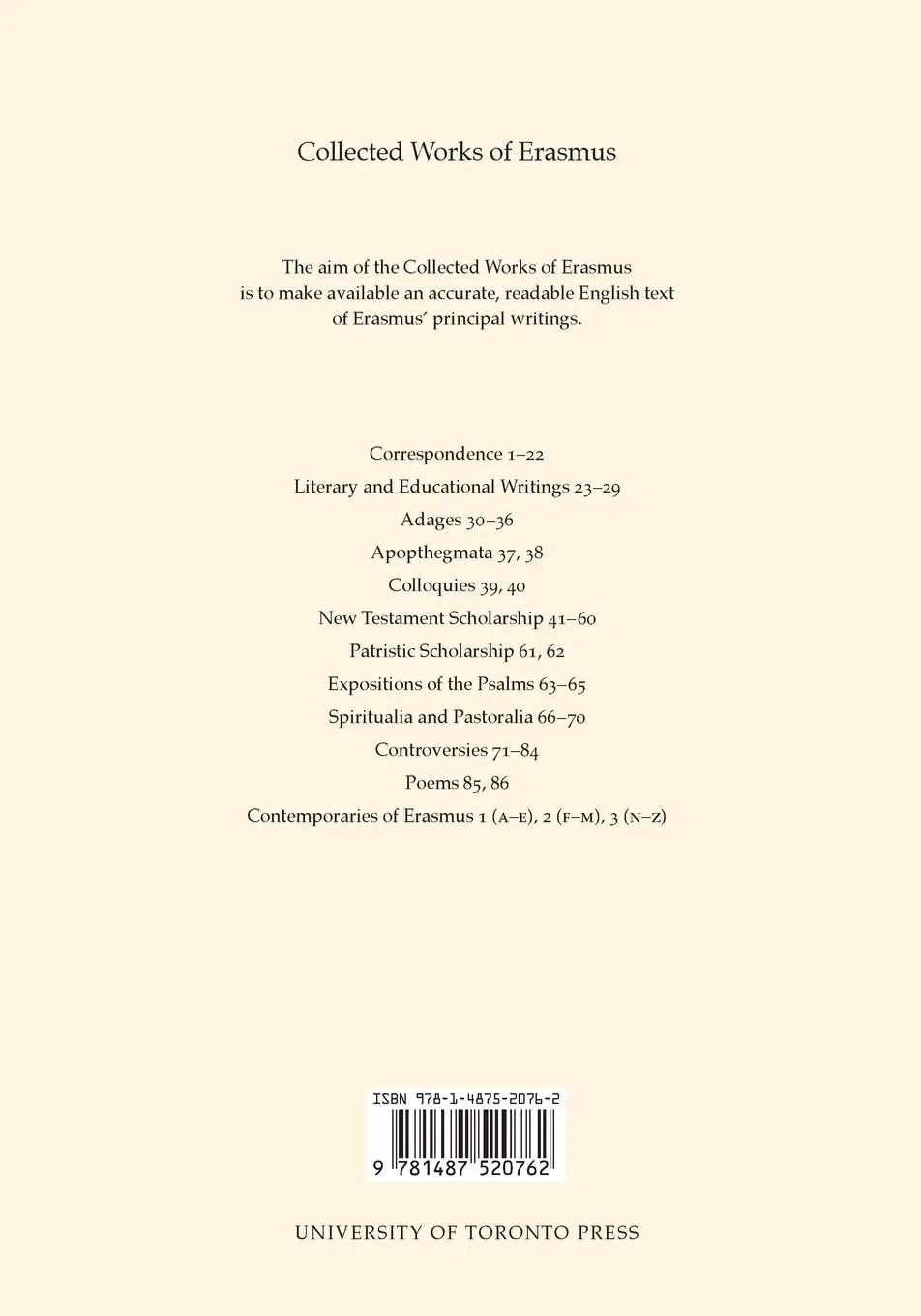 Rückseite: 9781487520762 | Collected Works of Erasmus | Poems, Volumes 85 and 86 | Erasmus | Buch