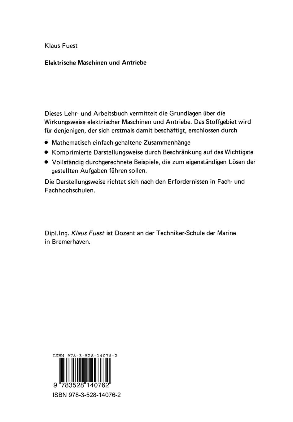 Rückseite: 9783528140762 | Elektrische Maschinen und Antriebe | Lehr- und Arbeitsbuch | Fuest
