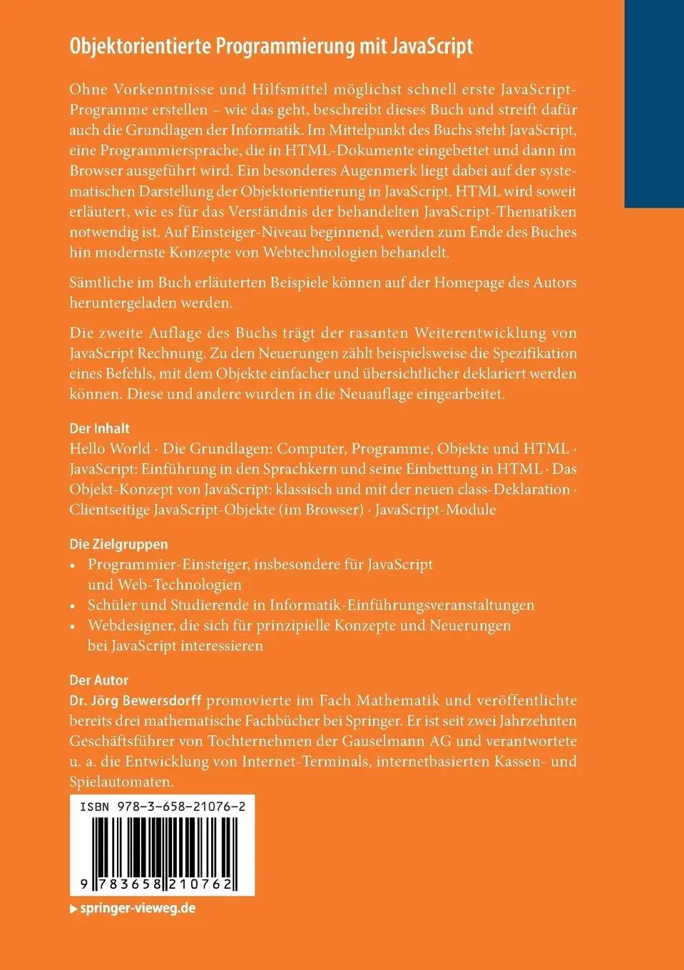 Rückseite: 9783658210762 | Objektorientierte Programmierung mit JavaScript | Jörg Bewersdorff