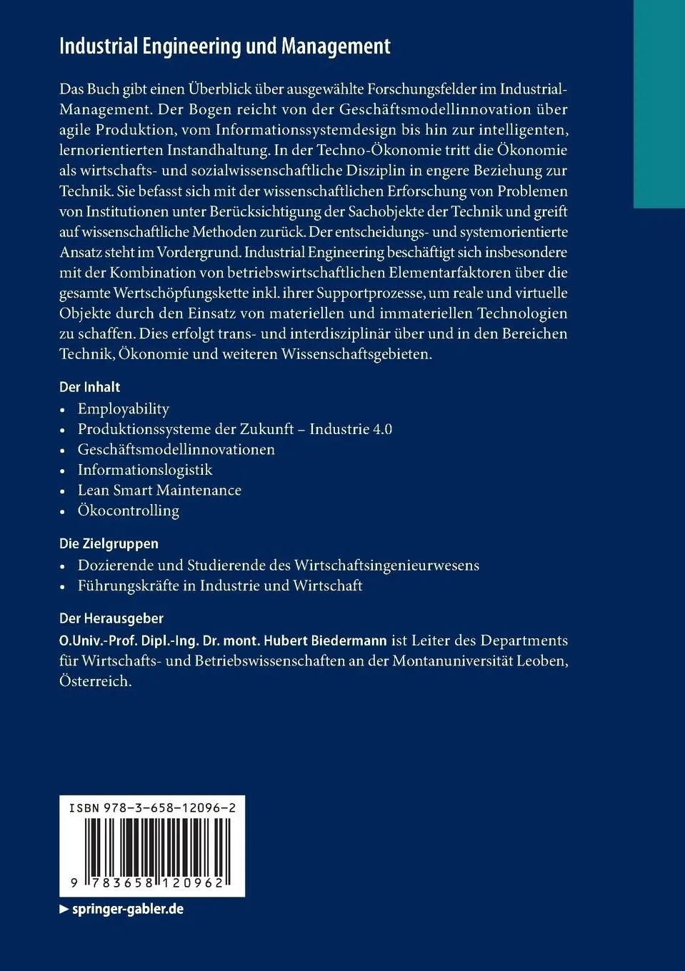 Rückseite: 9783658120962 | Industrial Engineering und Management | Hubert Biedermann | Buch | x