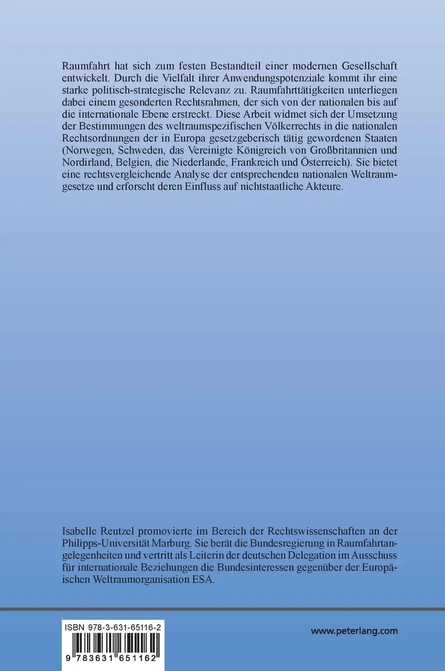Rückseite: 9783631651162 | Das Weltraumrecht in Europa | Isabelle Reutzel | Buch | 286 S. | 2014