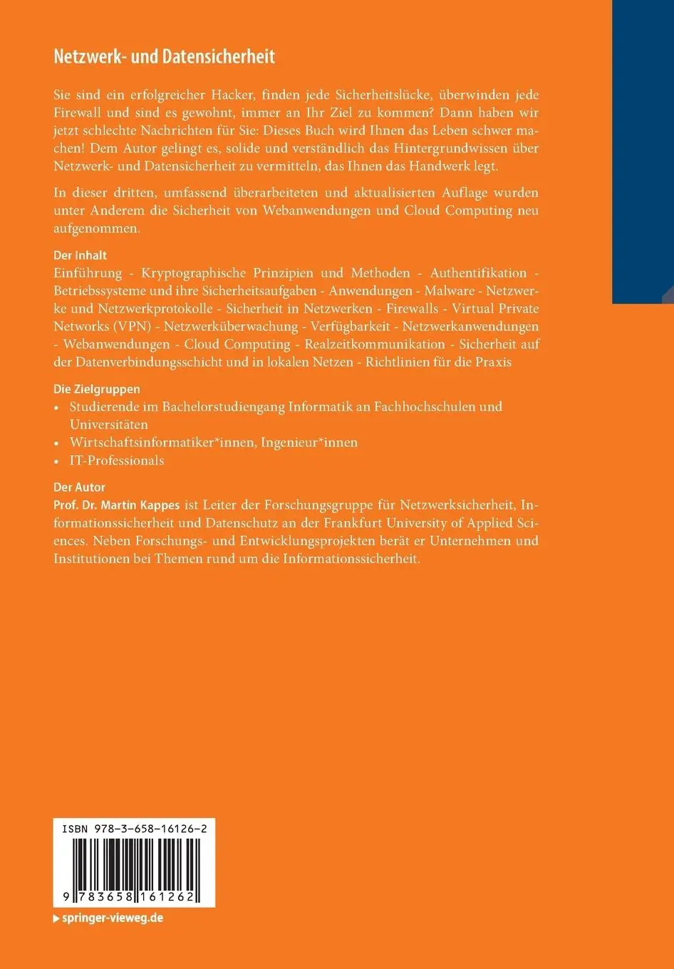 Rückseite: 9783658161262 | Netzwerk- und Datensicherheit | Eine praktische Einführung | Kappes
