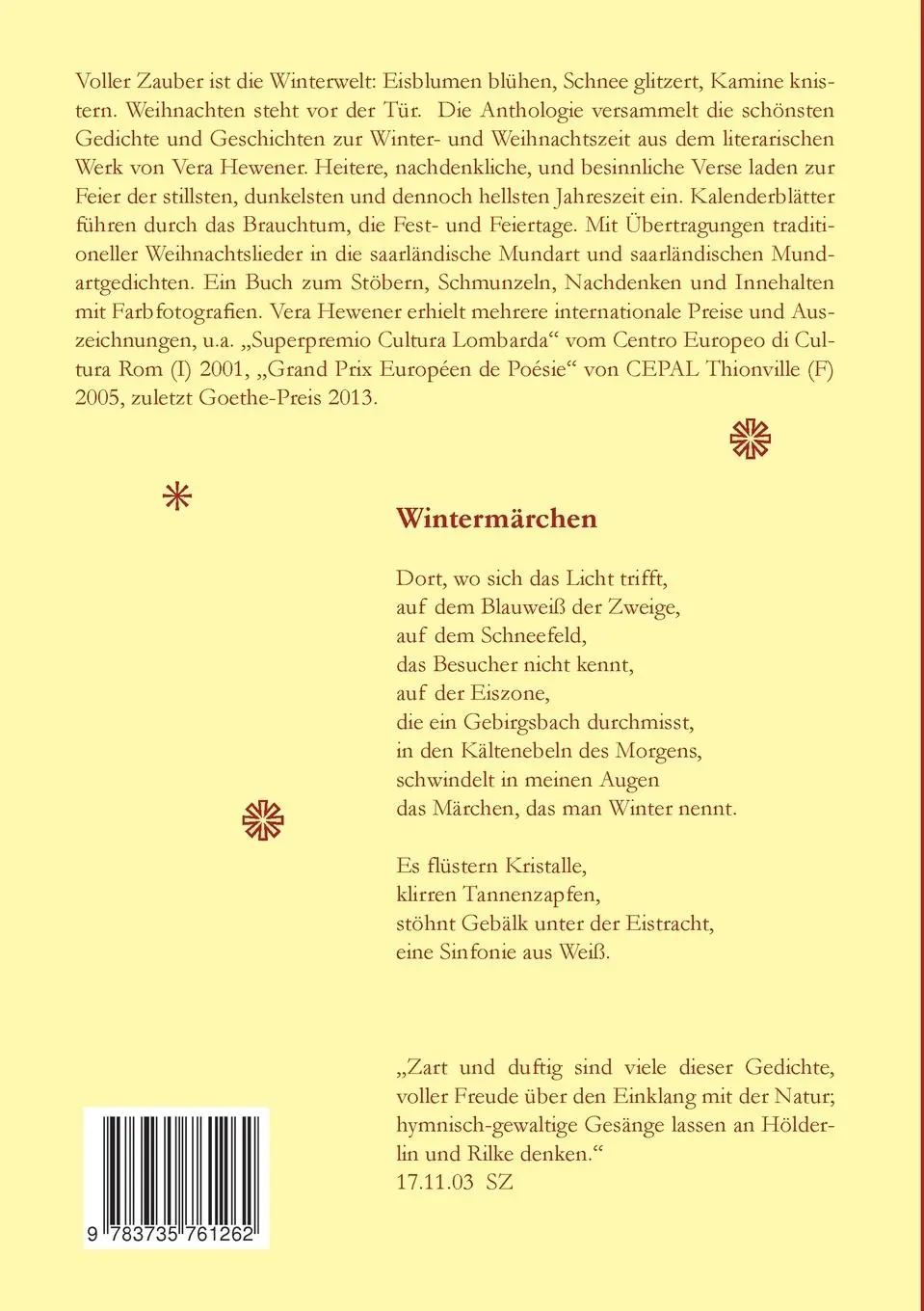 Rückseite: 9783735761262 | Zaubervolle Winterwelt | Gedichte, Geschichten, Notizen | Vera Hewener