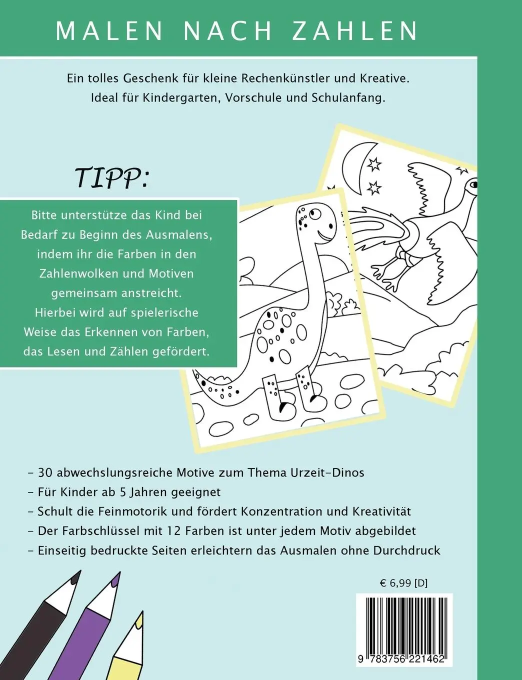 Rückseite: 9783756221462 | Bezaubernde Ausmalbilder Malen nach Zahlen - Urzeit-Dinos | Hinrichs