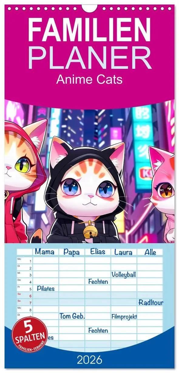 Cover: 9783516491562 | Familienplaner 2026 - Anime Cats mit 5 Spalten (Wandkalender, 21 x...