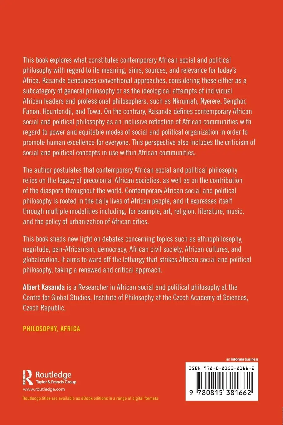 Rückseite: 9780815381662 | Contemporary African Social and Political Philosophy | Albert Kasanda
