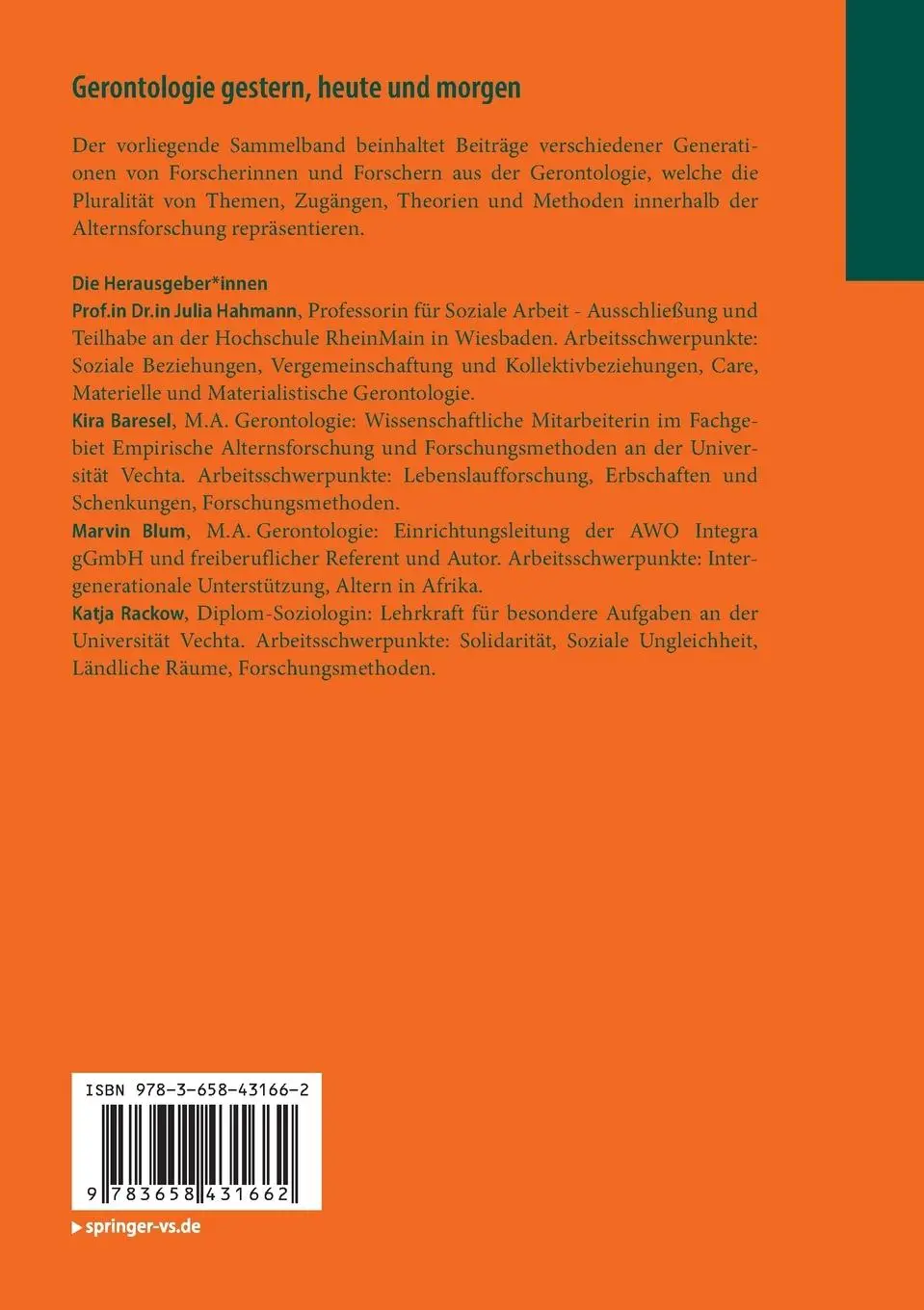 Rückseite: 9783658431662 | Gerontologie gestern, heute und morgen | Julia Hahmann (u. a.) | Buch