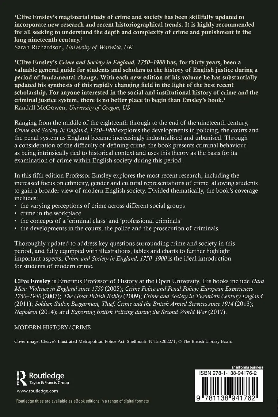 Rückseite: 9781138941762 | Crime and Society in England, 1750-1900 | Clive Emsley | Taschenbuch