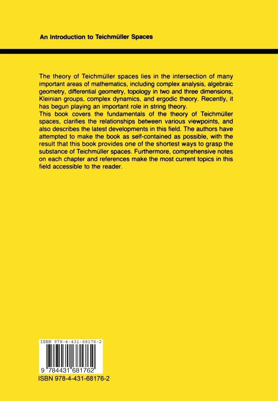 Rückseite: 9784431681762 | An Introduction to Teichmüller Spaces | Masahiko Taniguchi (u. a.)