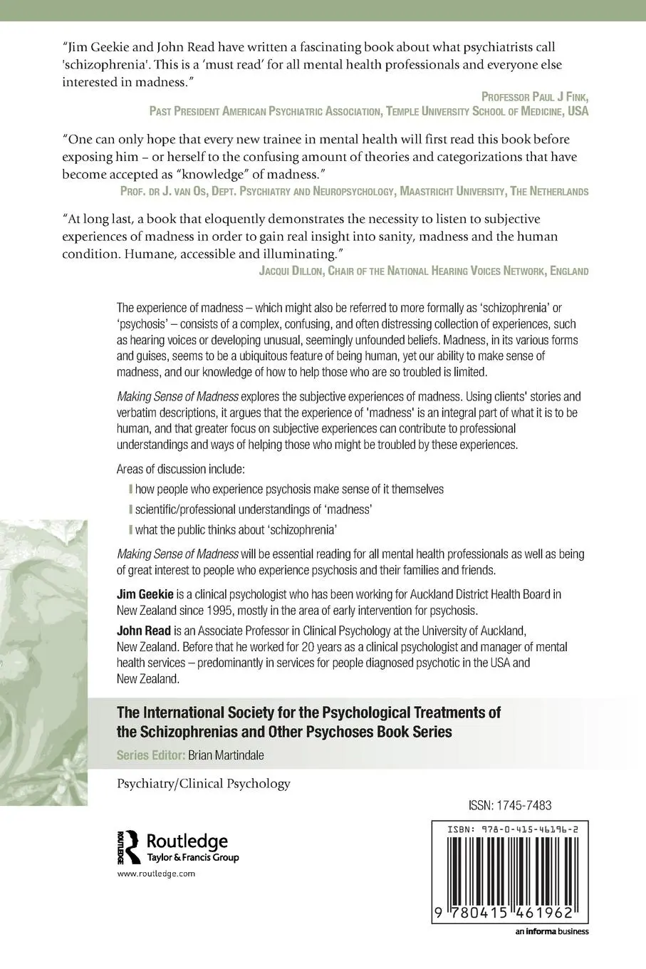 Rückseite: 9780415461962 | Making Sense of Madness | Contesting the Meaning of Schizophrenia