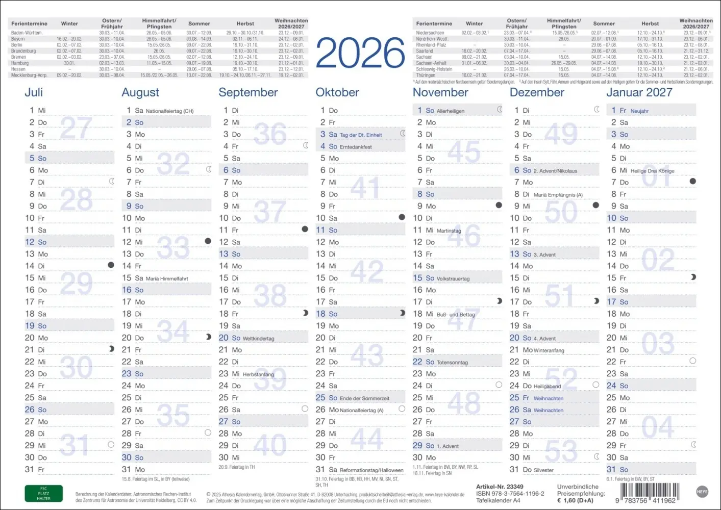 Bild: 9783756411962 | Tafelkalender A4 2026 | Kalender | Loseblatt-Ausgabe | 2 S. | Deutsch