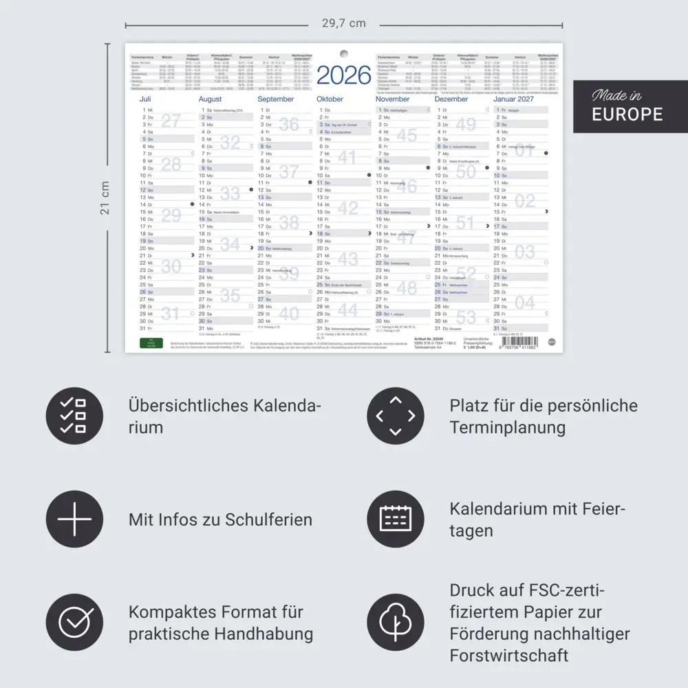 Bild: 9783756411962 | Tafelkalender A4 2026 | Kalender | Loseblatt-Ausgabe | 2 S. | Deutsch