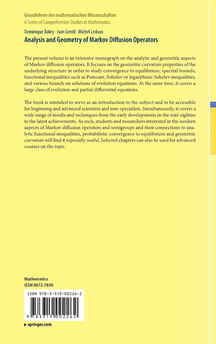 Rückseite: 9783319002262 | Analysis and Geometry of Markov Diffusion Operators | Bakry (u. a.)