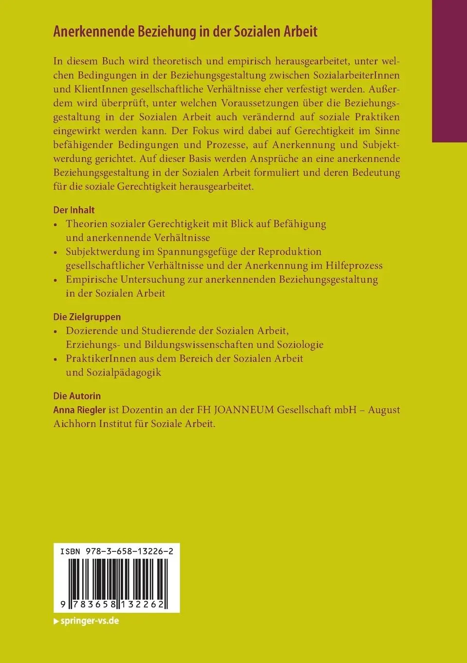 Rückseite: 9783658132262 | Anerkennende Beziehung in der Sozialen Arbeit | Anna Riegler | Buch