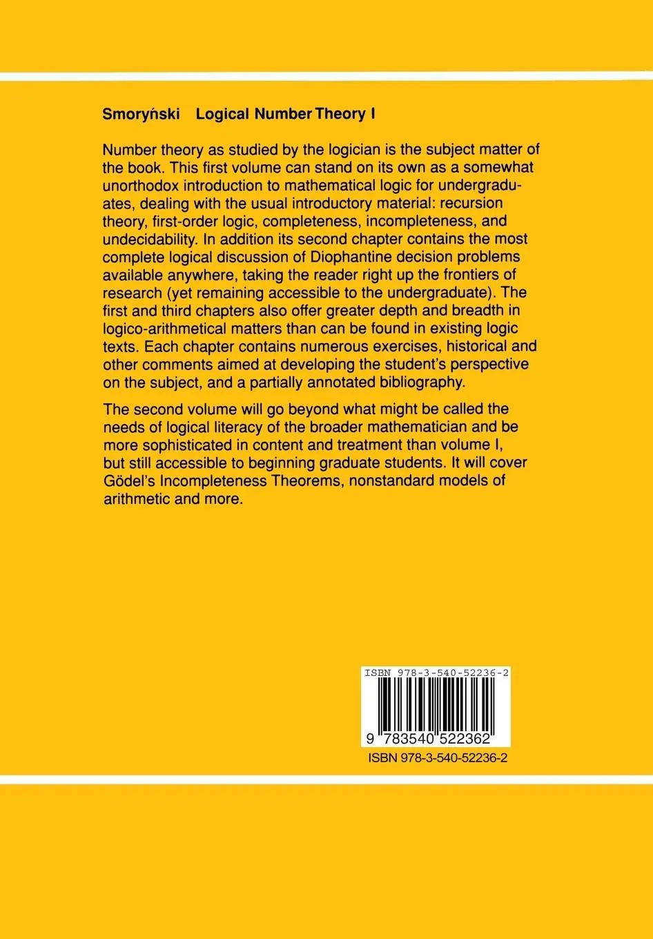 Rückseite: 9783540522362 | Logical Number Theory I | An Introduction | Craig Smorynski | Buch | x