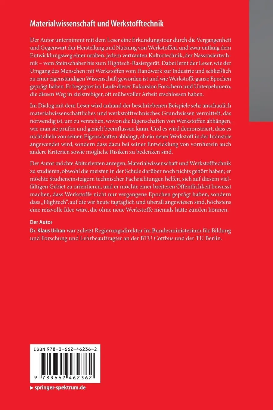 Rückseite: 9783662462362 | Materialwissenschaft und Werkstofftechnik | Klaus Urban | Taschenbuch