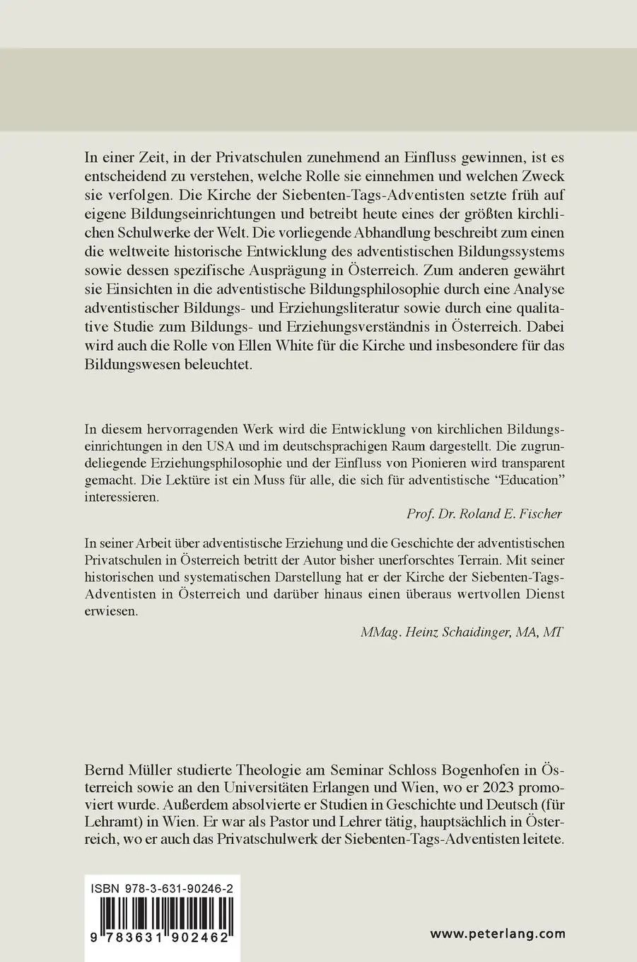 Rückseite: 9783631902462 | Bildung und Erziehung im Kontext adventistischer Schulen in Österreich