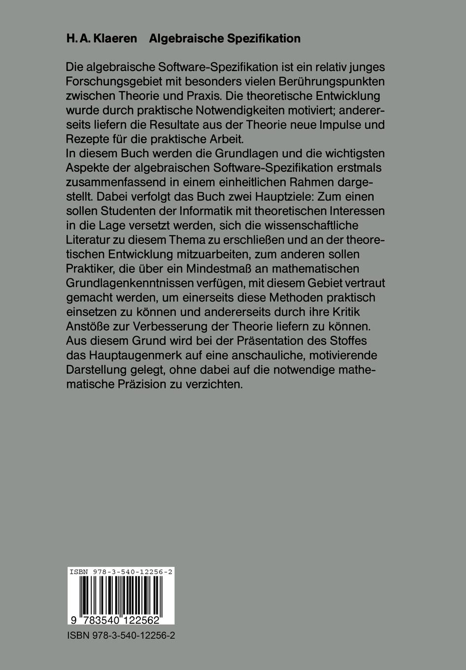 Rückseite: 9783540122562 | Algebraische Spezifikation | Eine Einführung | H. A. Klaeren | Buch