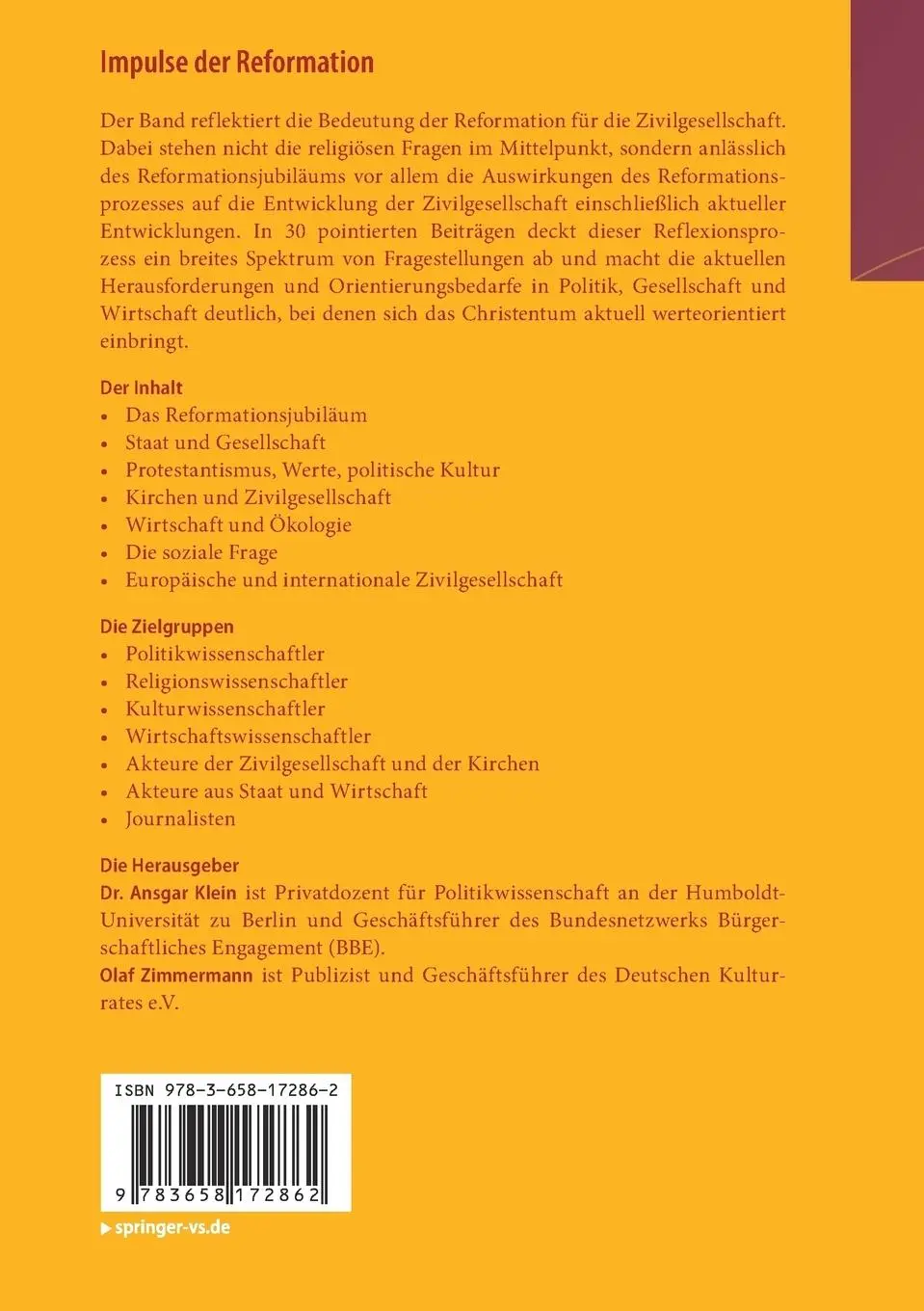 Rückseite: 9783658172862 | Impulse der Reformation | Der zivilgesellschaftliche Diskurs | Buch