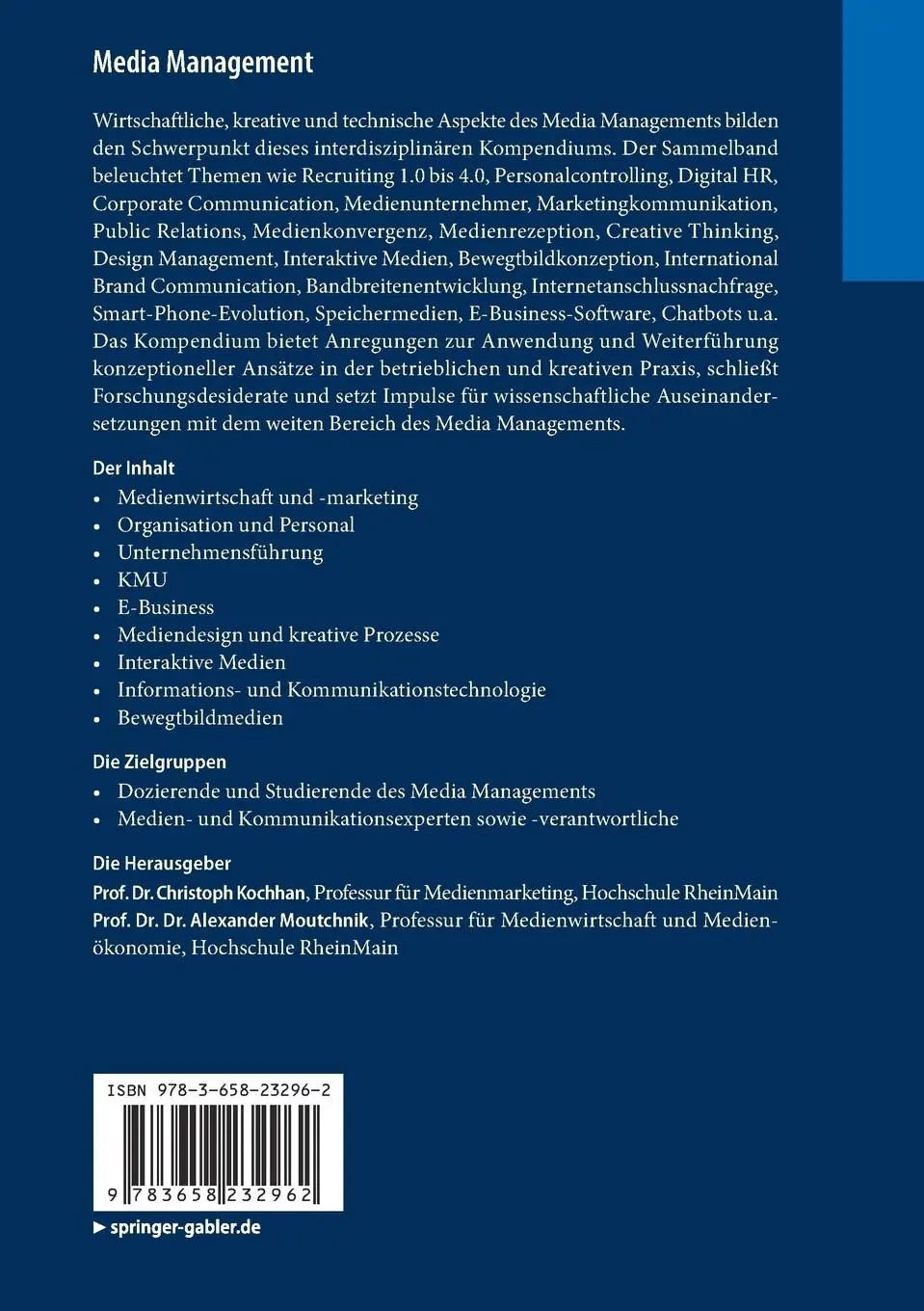 Rückseite: 9783658232962 | Media Management | Ein interdisziplinäres Kompendium | Taschenbuch