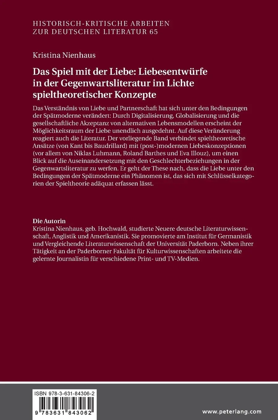 Rückseite: 9783631843062 | Das Spiel mit der Liebe: Liebesentwürfe in der Gegenwartsliteratur...