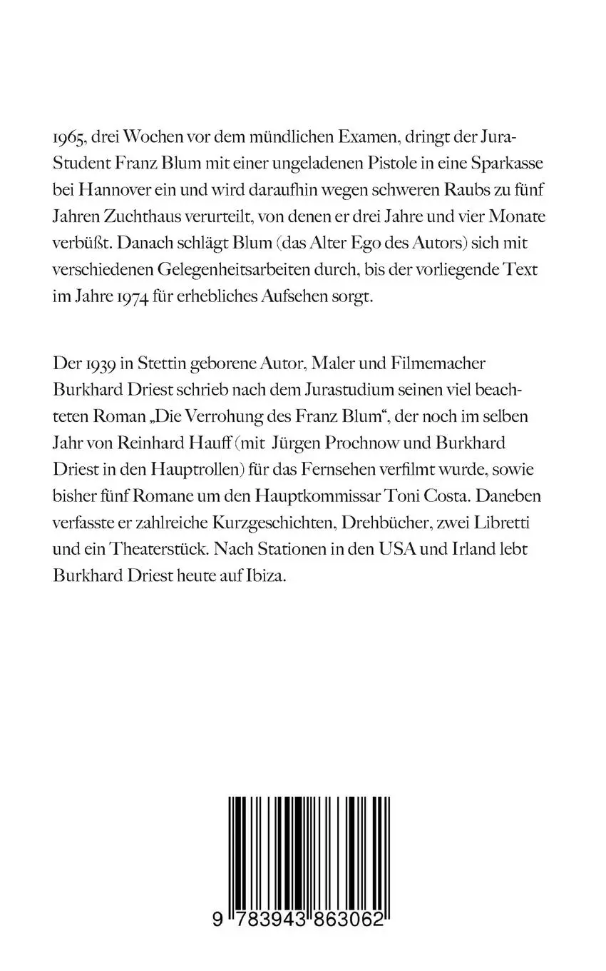 Rückseite: 9783943863062 | Die Verrohung des Franz Blum | Burkhard Driest | Taschenbuch | 216 S.