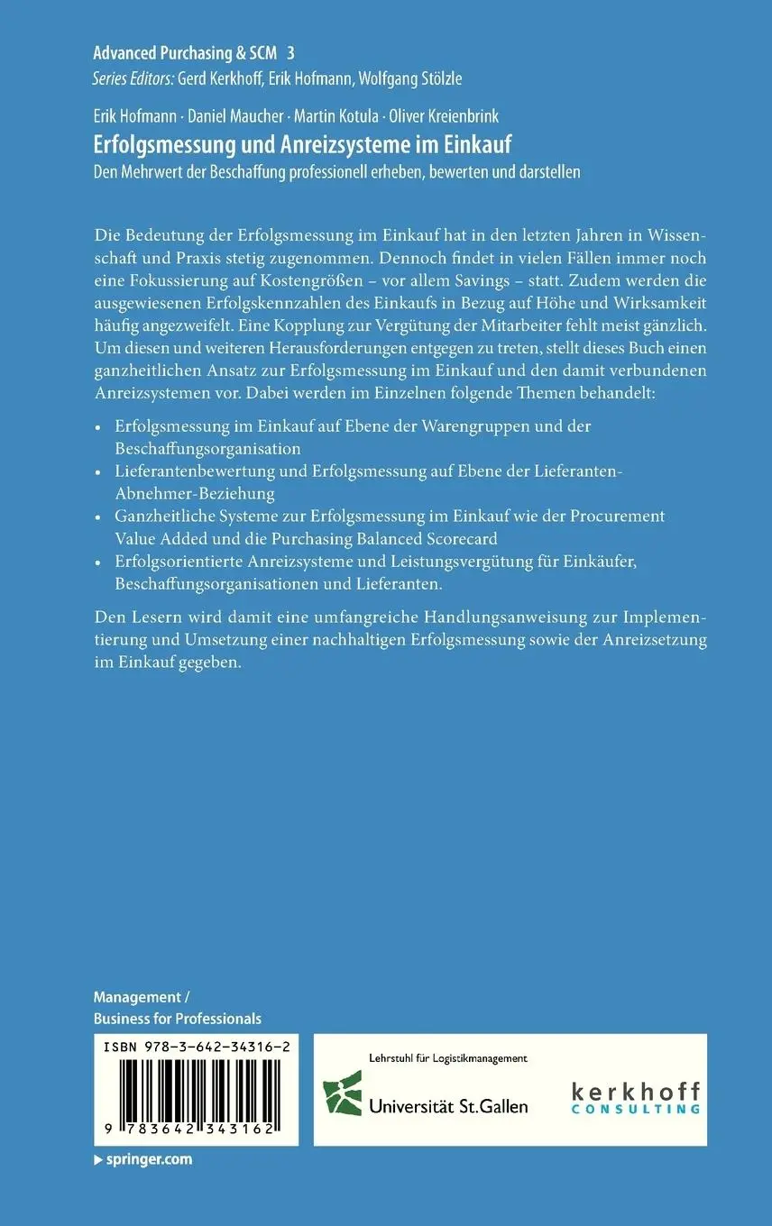 Rückseite: 9783642343162 | Erfolgsmessung und Anreizsysteme im Einkauf | Erik Hofmann (u. a.)