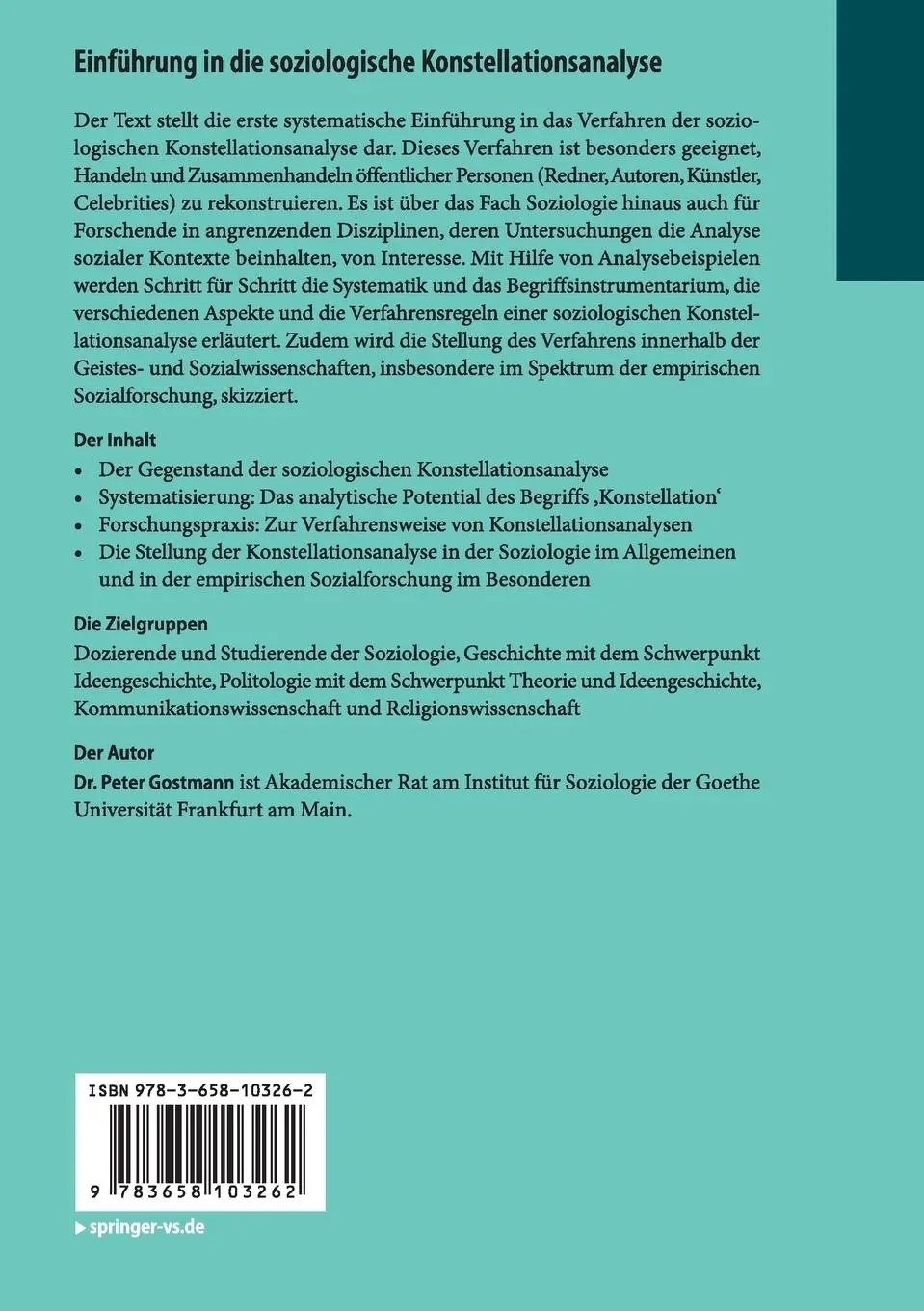 Rückseite: 9783658103262 | Einführung in die soziologische Konstellationsanalyse | Peter Gostmann