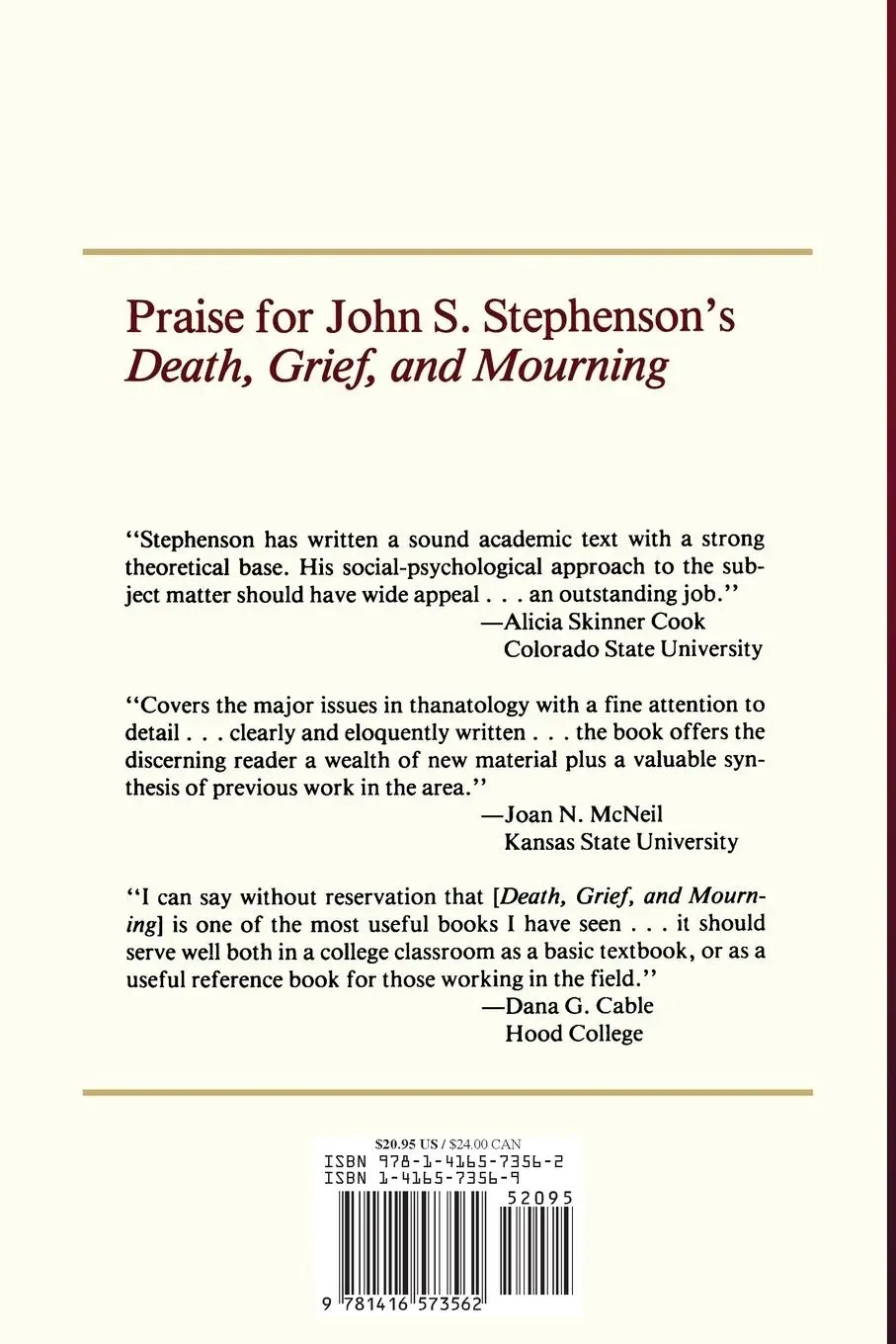 Rückseite: 9781416573562 | Death, Grief, and Mourning | John S. Stephenson | Taschenbuch | 2007