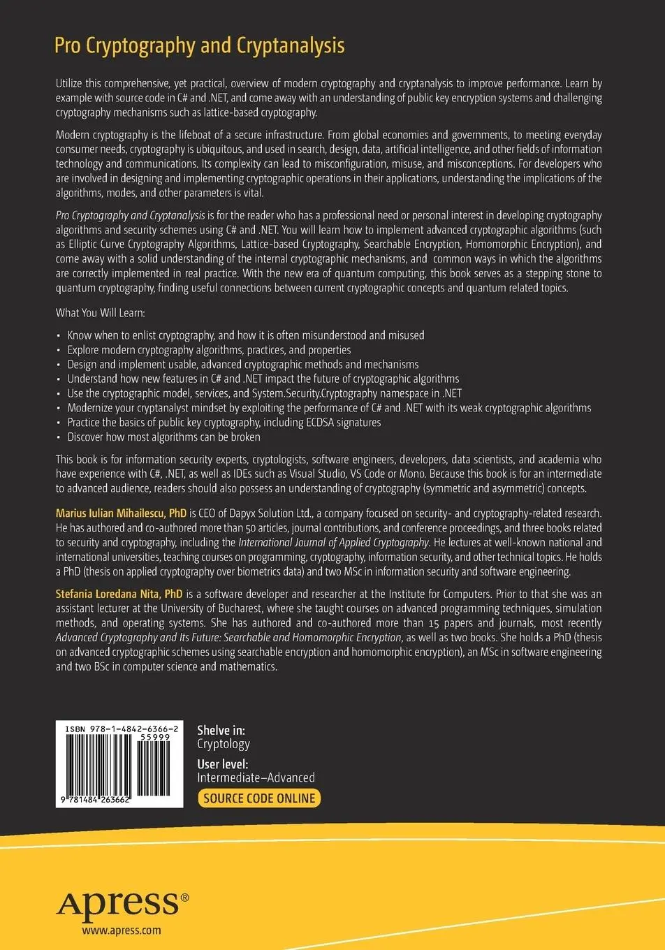Rückseite: 9781484263662 | Pro Cryptography and Cryptanalysis | Stefania Loredana Nita (u. a.)