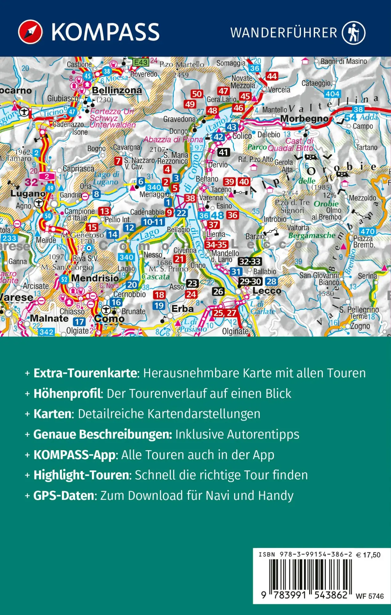 Rückseite: 9783991543862 | KOMPASS Wanderführer Comer See, 50 Touren mit Extra-Tourenkarte | Buch