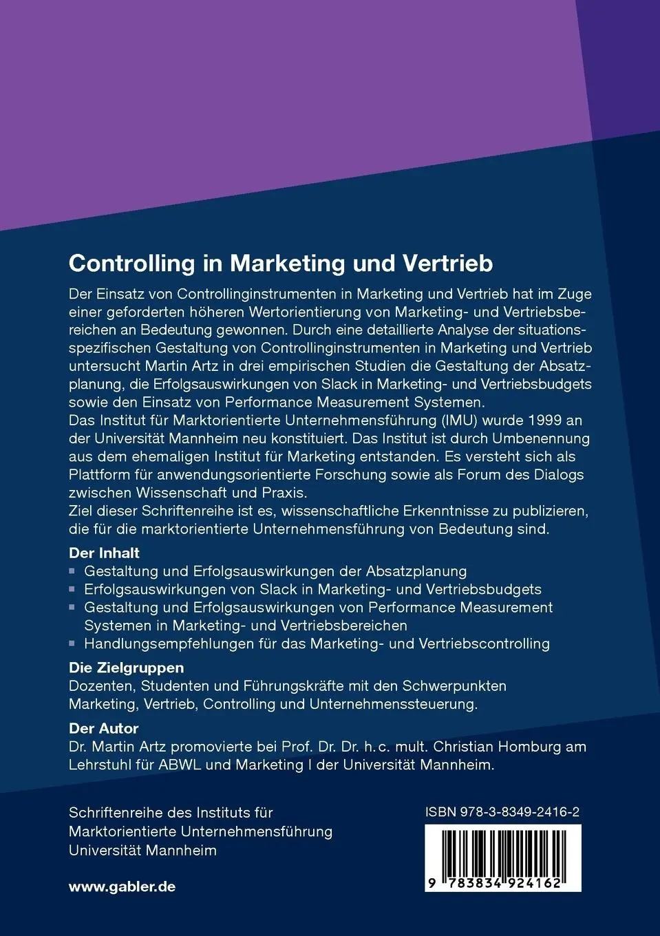 Rückseite: 9783834924162 | Controlling in Marketing und Vertrieb | Martin Artz | Taschenbuch | xv