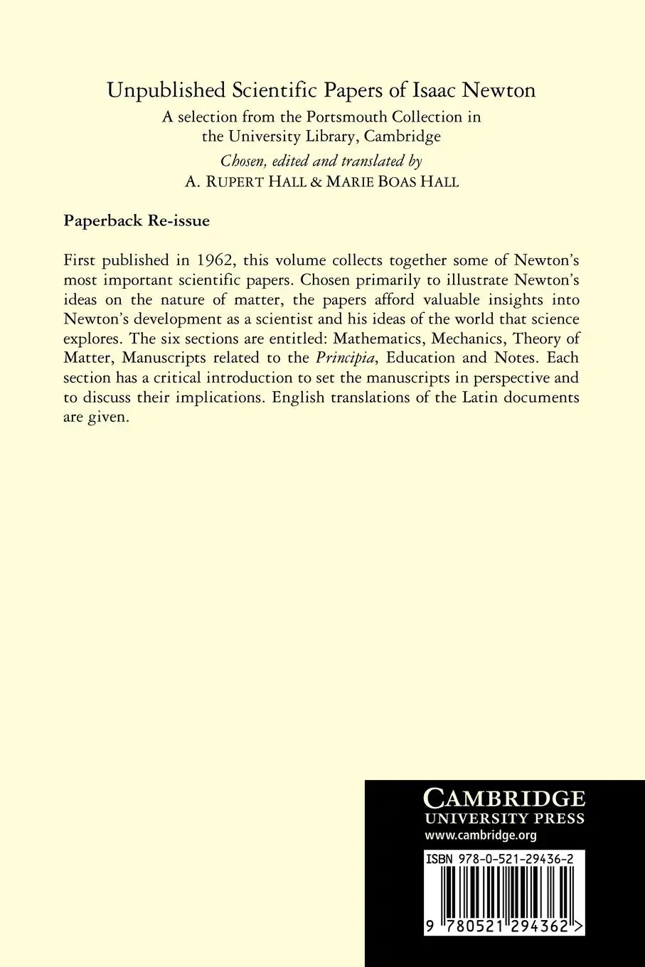Rückseite: 9780521294362 | Unpublished Scientific Papers of Isaac Newton | Isaac Newton (u. a.)