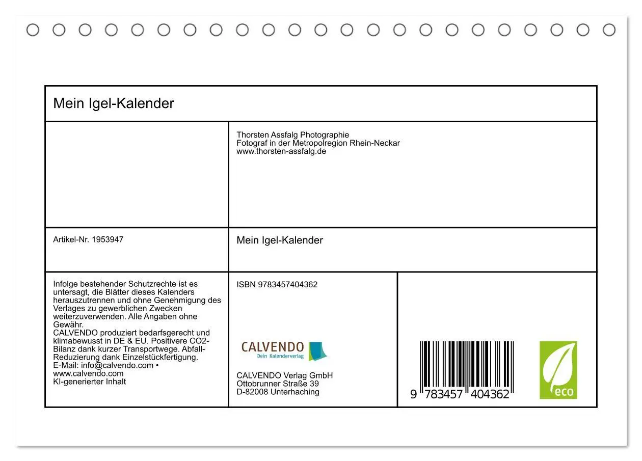 Bild: 9783457404362 | Mein Igel-Kalender (Tischkalender 2026 DIN A5 quer), CALVENDO...