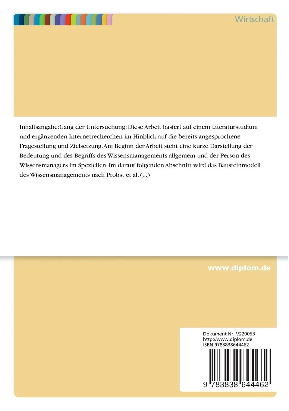 Rückseite: 9783838644462 | Wissensmanagement aus der Perspektive des Wissensmanagers | Fritsche