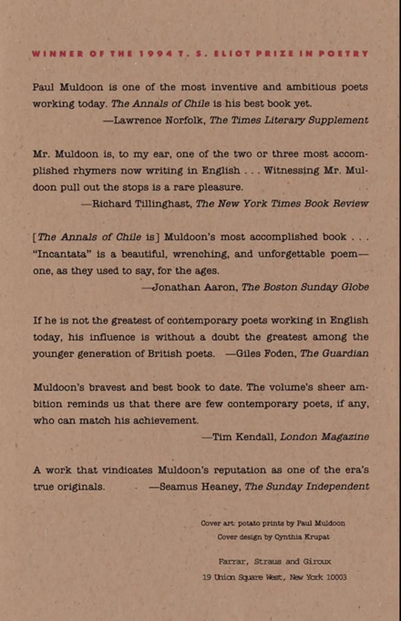 Rückseite: 9780374524562 | The Annals of Chile | Paul Muldoon | Taschenbuch | Englisch | 1995