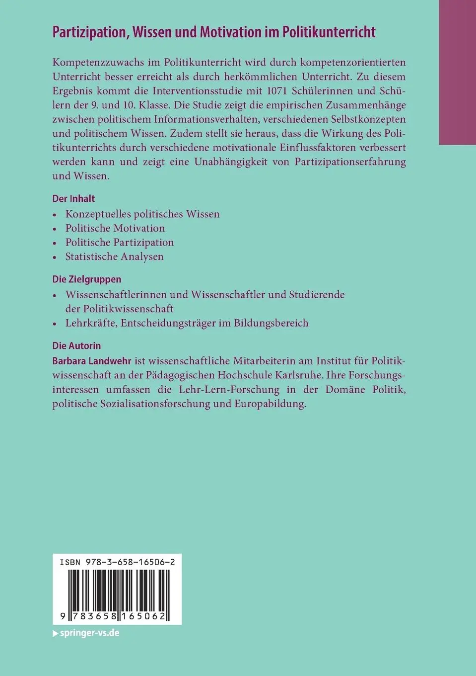 Rückseite: 9783658165062 | Partizipation, Wissen und Motivation im Politikunterricht | Landwehr