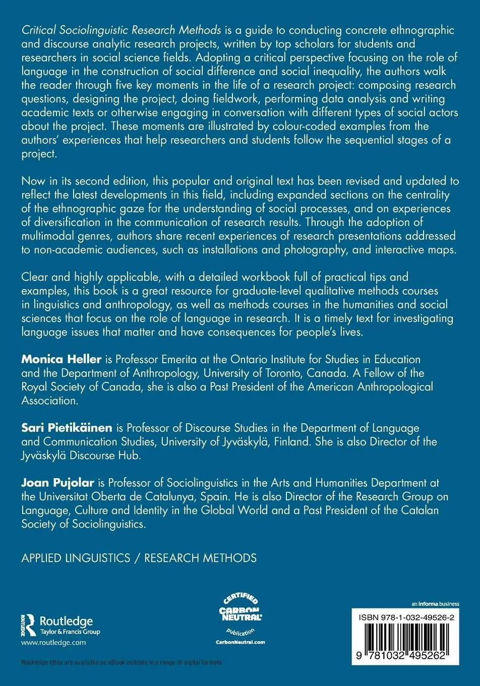 Rückseite: 9781032495262 | Critical Sociolinguistic Research Methods | Monica Heller (u. a.)