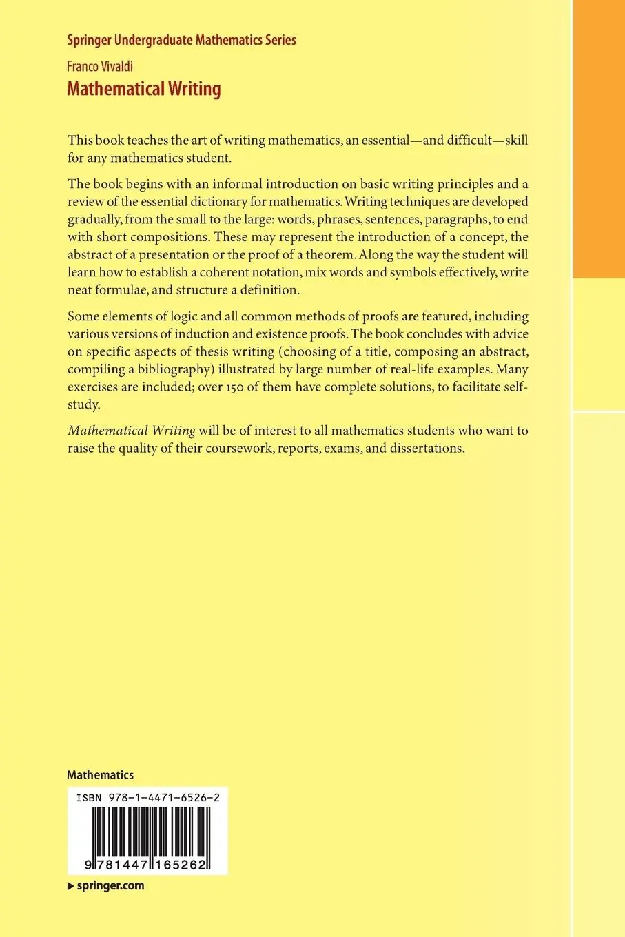 Rückseite: 9781447165262 | Mathematical Writing | Franco Vivaldi | Taschenbuch | xvii | Englisch