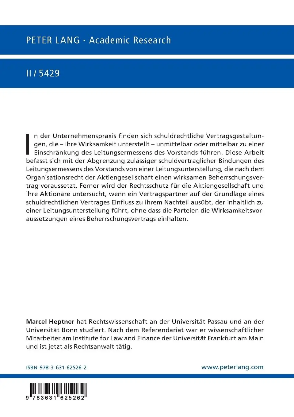 Rückseite: 9783631625262 | Einschränkungen der Leitungsmacht des Vorstands der...