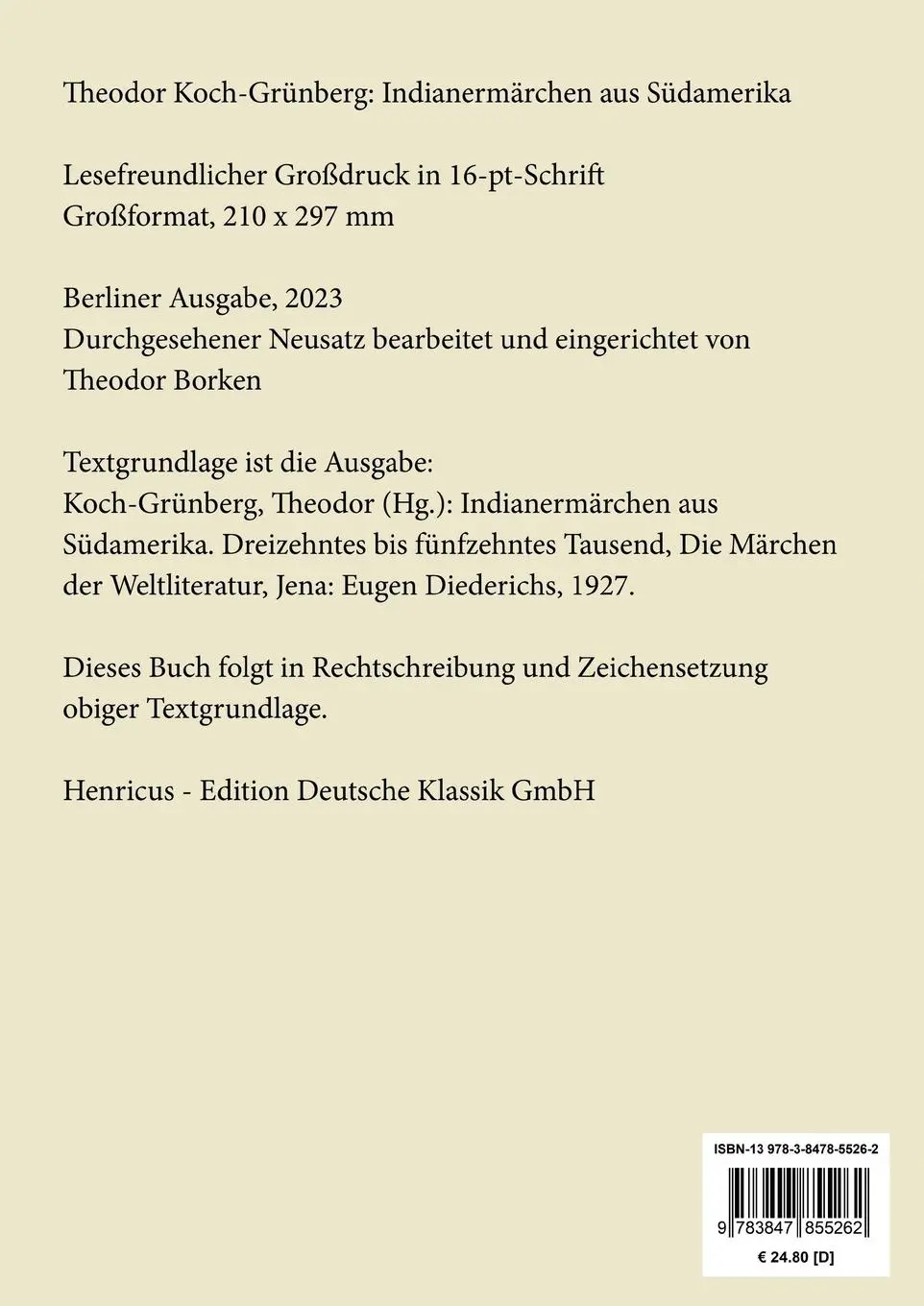 Rückseite: 9783847855262 | Indianermärchen aus Südamerika (Großdruck) | Theodor Koch-Grünberg