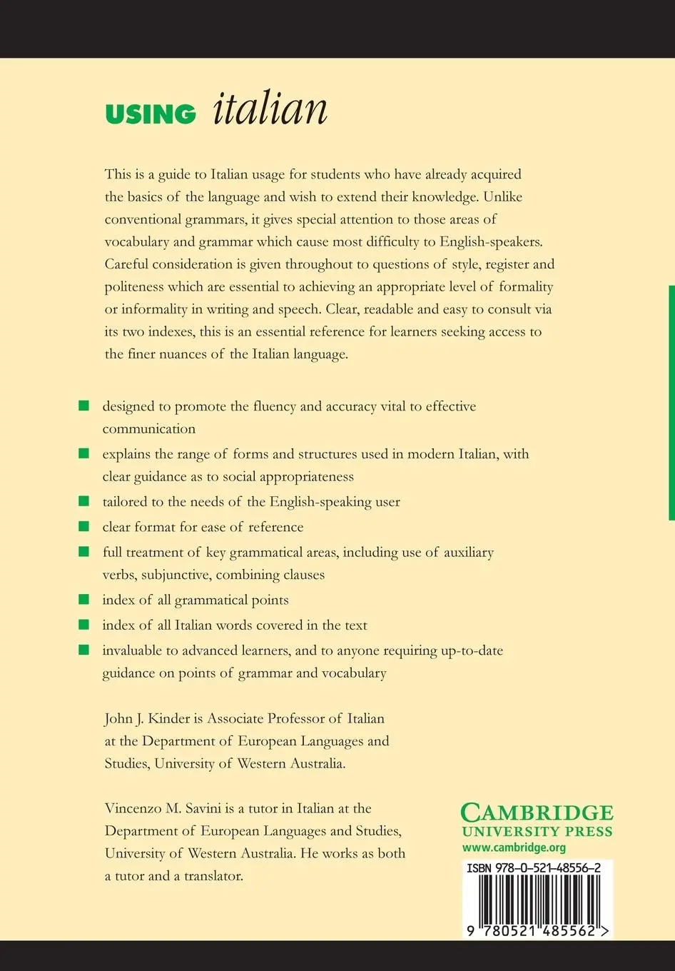 Rückseite: 9780521485562 | Using Italian | A Guide to Contemporary Usage | J. J. Kinder (u. a.)
