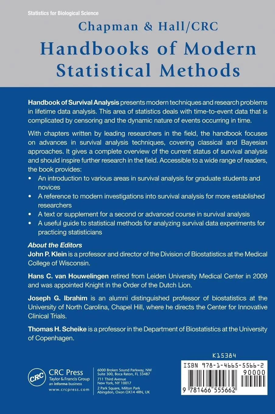 Rückseite: 9781466555662 | Handbook of Survival Analysis | John P. Klein (u. a.) | Buch | 2013
