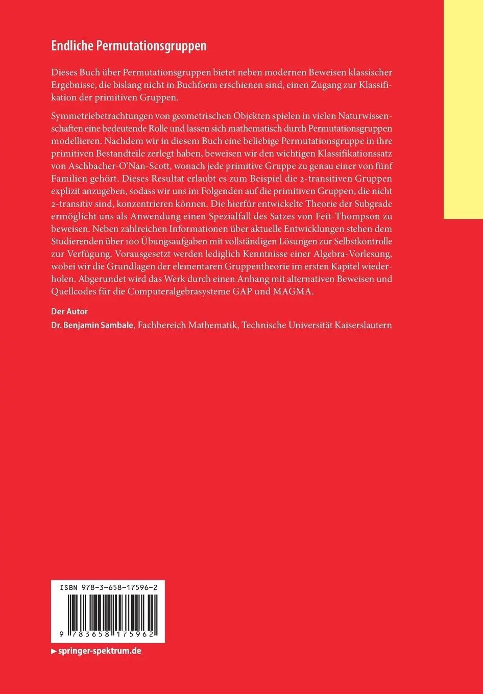 Rückseite: 9783658175962 | Endliche Permutationsgruppen | Benjamin Sambale | Taschenbuch | xi