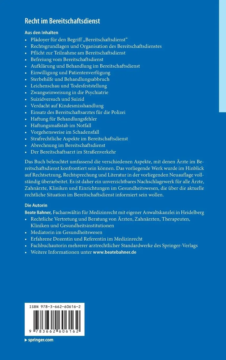 Rückseite: 9783662606162 | Recht im Bereitschaftsdienst | Handbuch für Ärzte und Kliniken | Buch