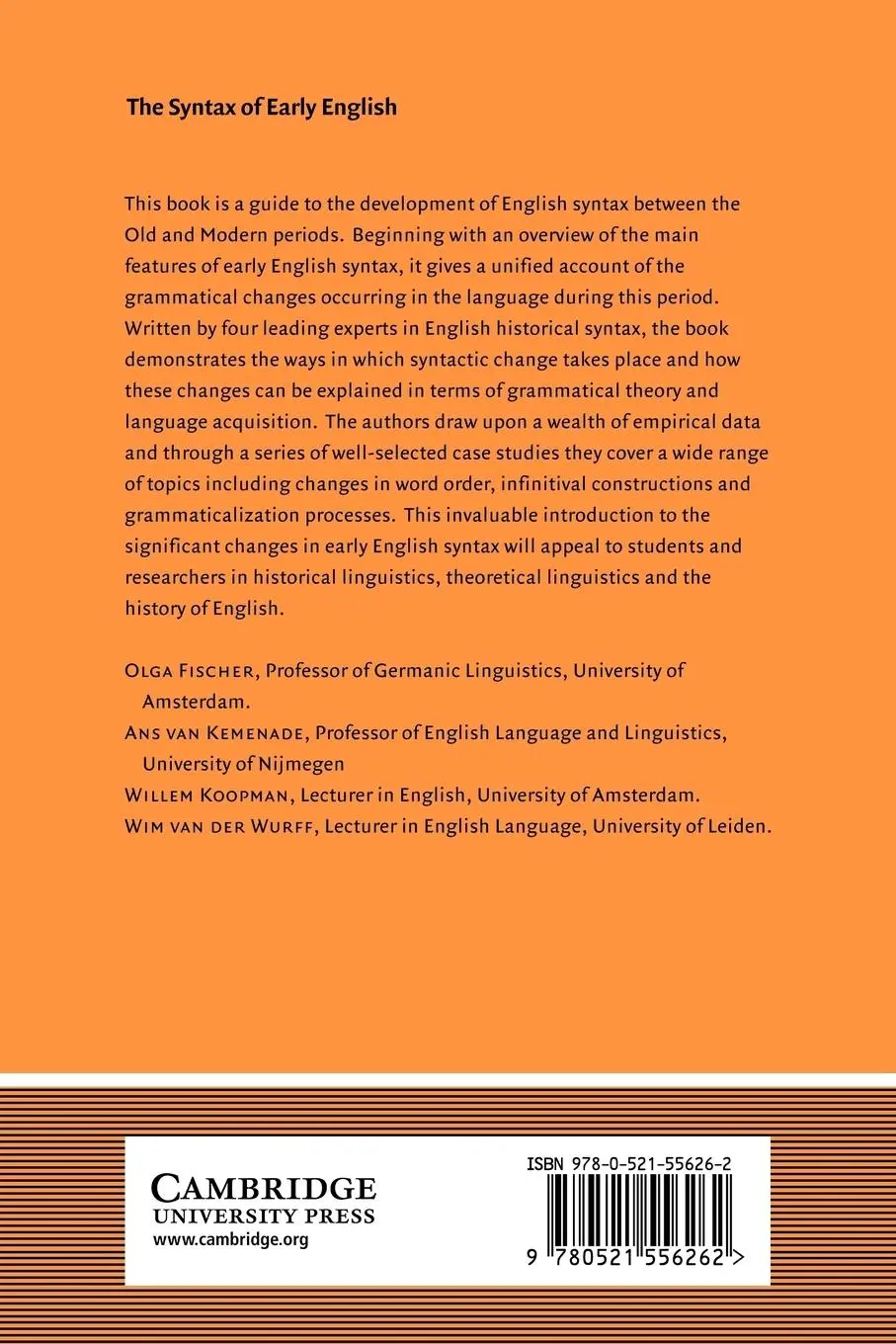 Rückseite: 9780521556262 | The Syntax of Early English | Olga Fischer (u. a.) | Taschenbuch