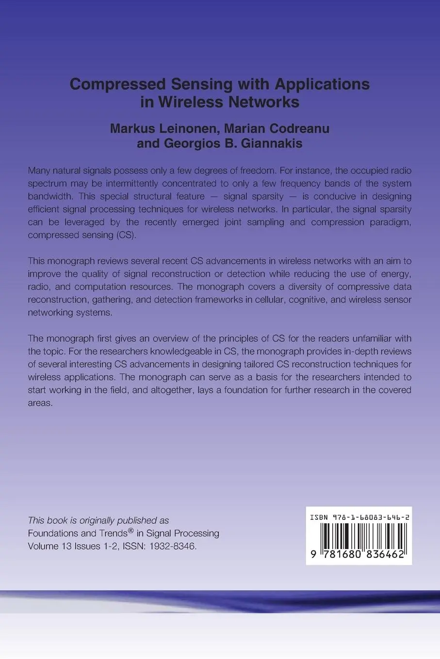 Rückseite: 9781680836462 | Compressed Sensing with Applications in Wireless Networks | Buch