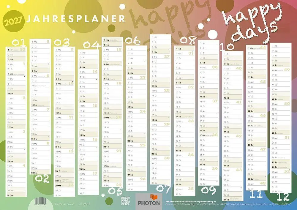 Cover: 9783911156462 | Jahresplaner "HAPPY DAYS" Kalender 2027 | PHOTON® Verlag | Kalender