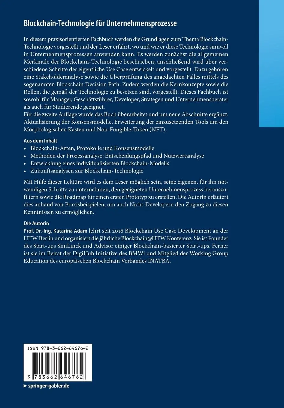 Rückseite: 9783662646762 | Blockchain-Technologie für Unternehmensprozesse | Katarina Adam | Buch