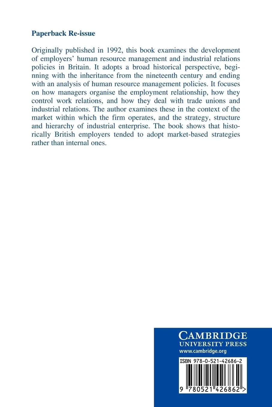 Rückseite: 9780521426862 | Markets, Firms and the Management of Labour in Modern Britain | Gospel